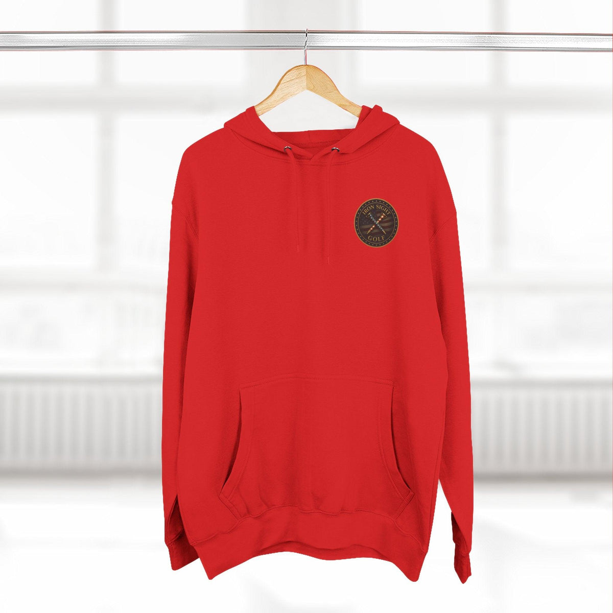 Iron Sight Golf Logo Hoodie — Vintage American Flag Golf Emblem
