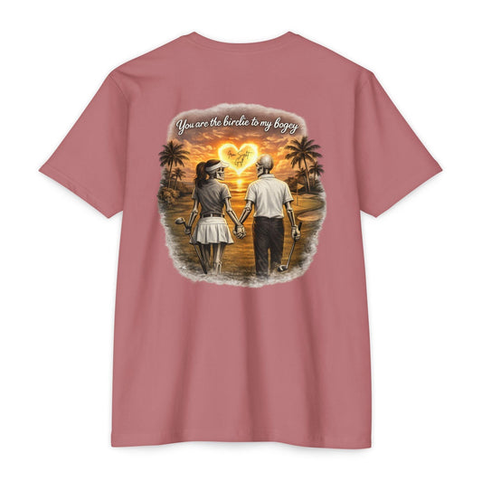 Skeleton Golf Couples T-Shirt — “You’re the Birdie to My Bogey” Sunset Fairway Design