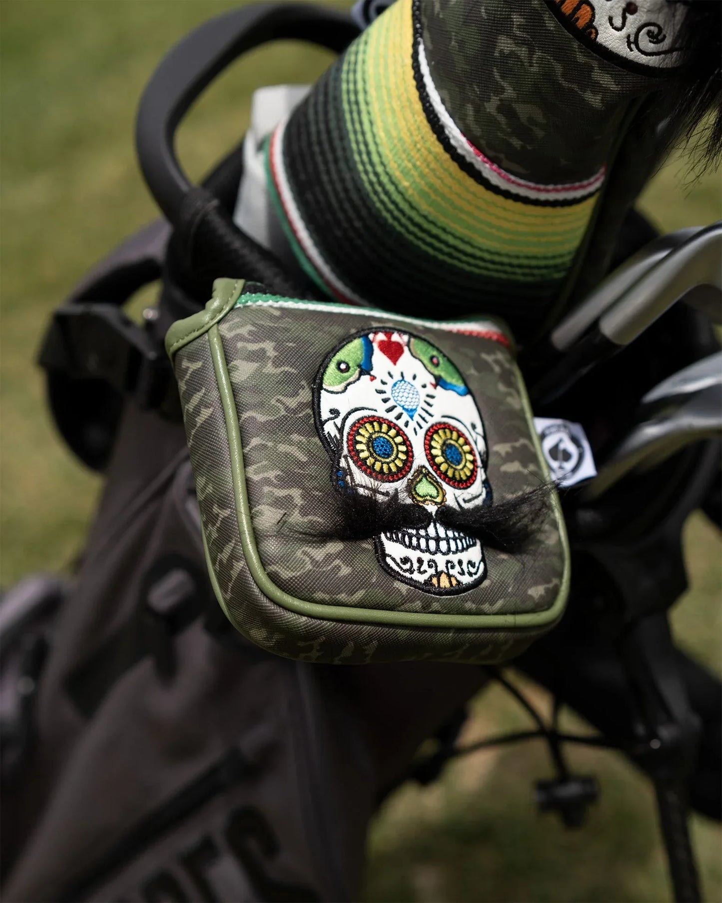Mustache Sugar Skull - Mallet Putter Cover Green Camo - GOLF LEAGUE
