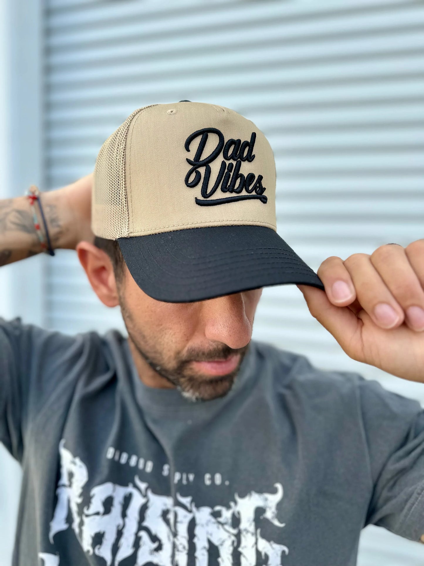DadVibes Script 5 Panel Trucker Hat (Khaki/Black) - GOLF LEAGUE