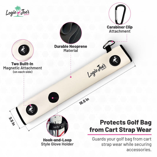 Pink/Teal Magnetic Golf Cart Strap Sleeve | Neoprene Rubber | Dual Accessory Magnets | Glove Holder with Velcro | Carabiner Bag Attachment | 18.5 x 3.5 in
