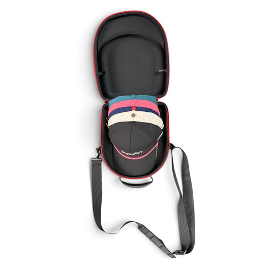 Blue/Red Hat Caddy Travel Case | Hard Shell Hat Carrier Holds Up to 6 Hats | Protective Hat Storage Case with Adjustable Shoulder Strap