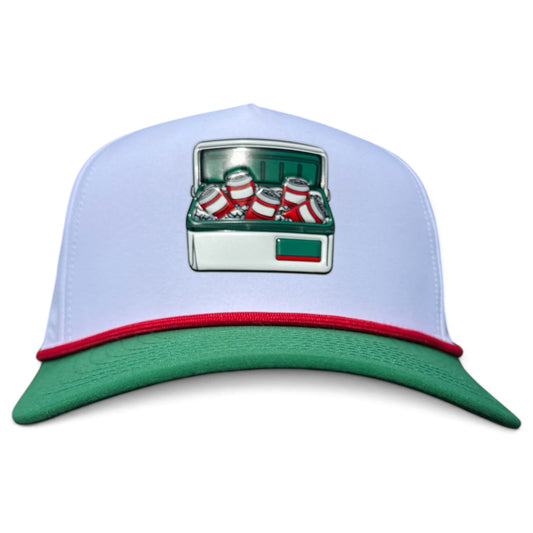 Vintage Cooler Golf Hat | Snapback Cap | Built-in Magnetic Ball Marker Holder + Marker Included | Adjustable White Green Beverages