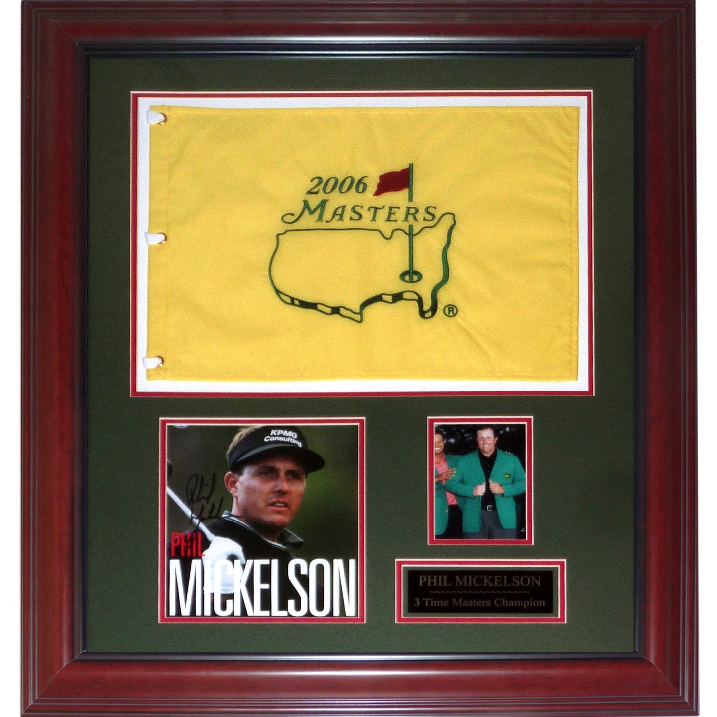 Phil Mickelson Autographed 3-Time Masters Champion Deluxe Framed Flag Piece - Beckett