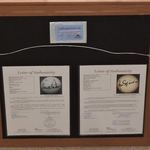 Jack Nicklaus, Arnold Palmer And Gary Player Autographed Golf Ball Shadowbox Deluxe Frame - JSA Full Letters