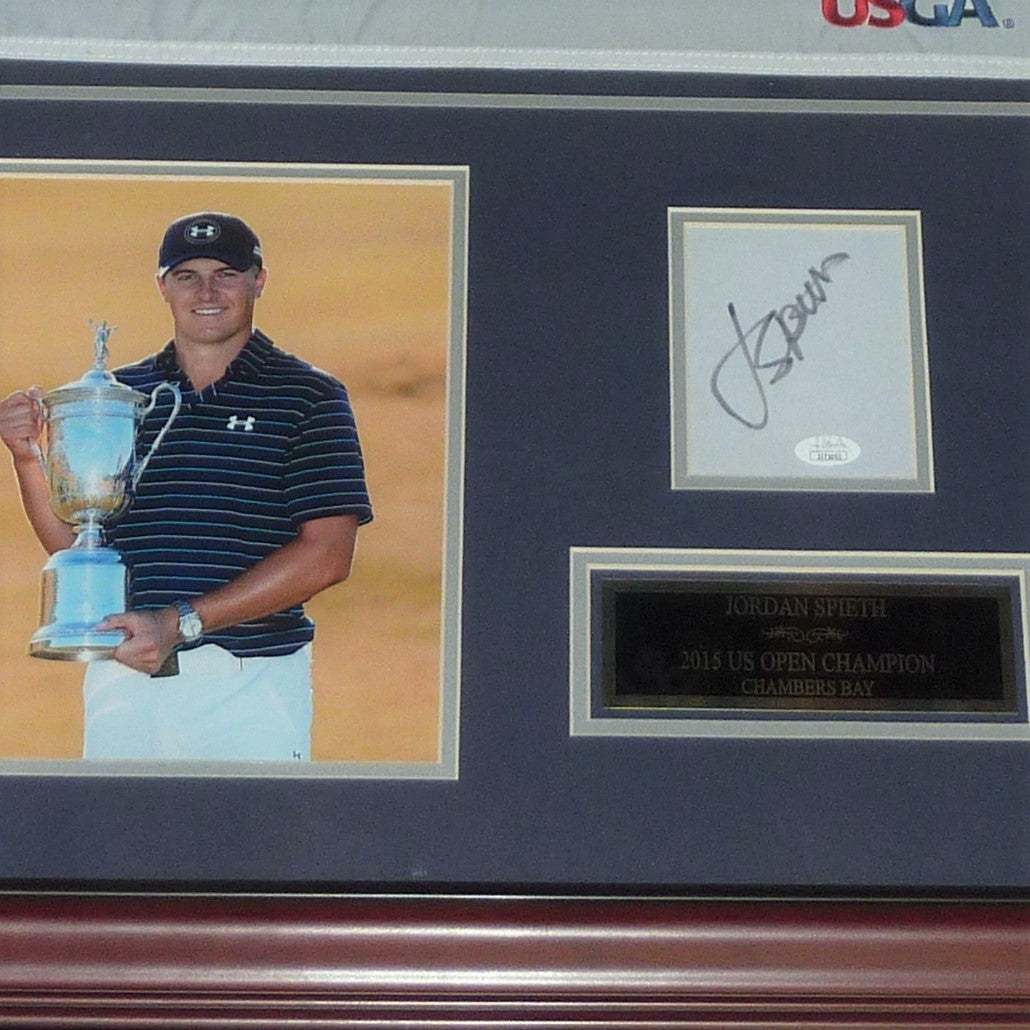 Jordan Spieth Autographed 2015 US Open Chambers Bay Deluxe Framed Piece with Pin Flag - JSA