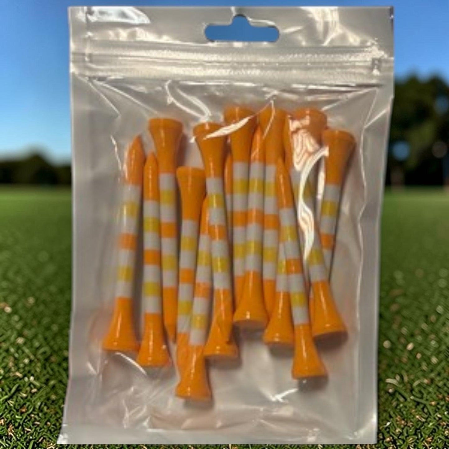 Orange Yellow Stripe Premium Wooden Golf Tees | 2 3/4” Standard Size | 45 Pack Set | Durable Painted Wood Tees | Unique Designs