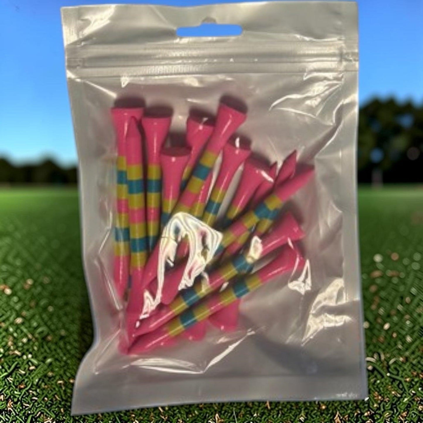 Pink Green Blue Stripe Premium Wooden Golf Tees | 2 3/4” Standard Size | 45 Pack Set | Durable Painted Wood Tees | Unique Designs