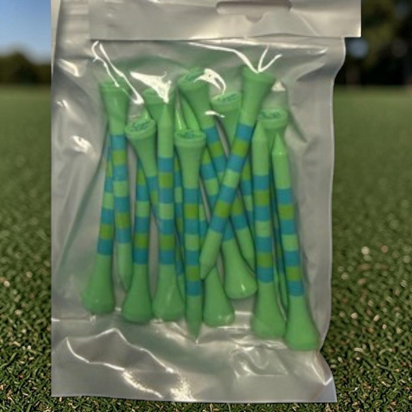 Green Blue Stripe Premium Wooden Golf Tees | 2 3/4” Standard Size | 45 Pack Set | Durable Painted Wood Tees | Unique Designs