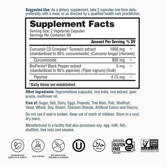 Nature's Lab Gold Turmeric Extract with Curcumin C3 Complex and BioPerine - 120 Capsules
