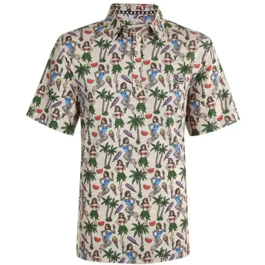 Hula Girl Hawaiian Cool-Stretch Men's Golf Polo – Khaki