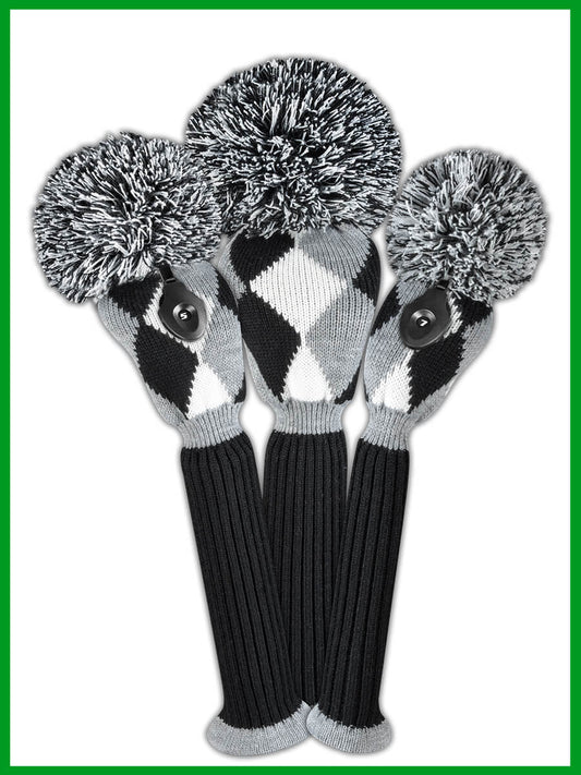 Gray, Black & White Diamond Knit Headcover Set (Driver, Wood, Hybrid) - Just4Golf
