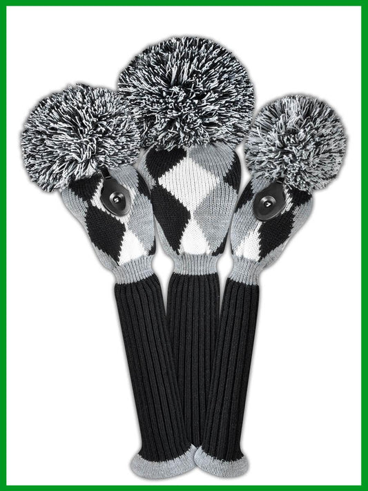 Gray, Black & White Diamond Knit Headcover Set (Driver, Wood, Hybrid) - Just4Golf