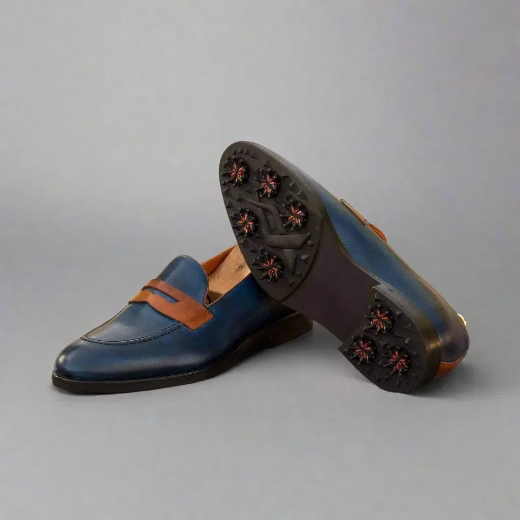 double-eagle-loafer-golf-shoes-men-blue-brown-leather-loafers-372 - GOLF LEAGUE