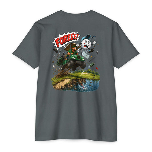 Golf Cart Crash T-Shirt — 'Fore!!!' Retro Cartoon Golf Graphic Tee