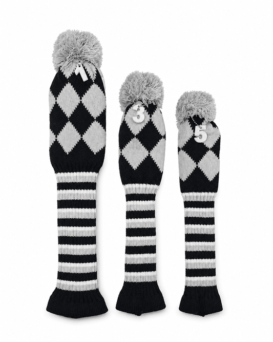 Vintage Vibe Golf Club Headcovers Set – 3pcs Knitted Pom Pom Sock Covers for Drivers and Fairway Woods