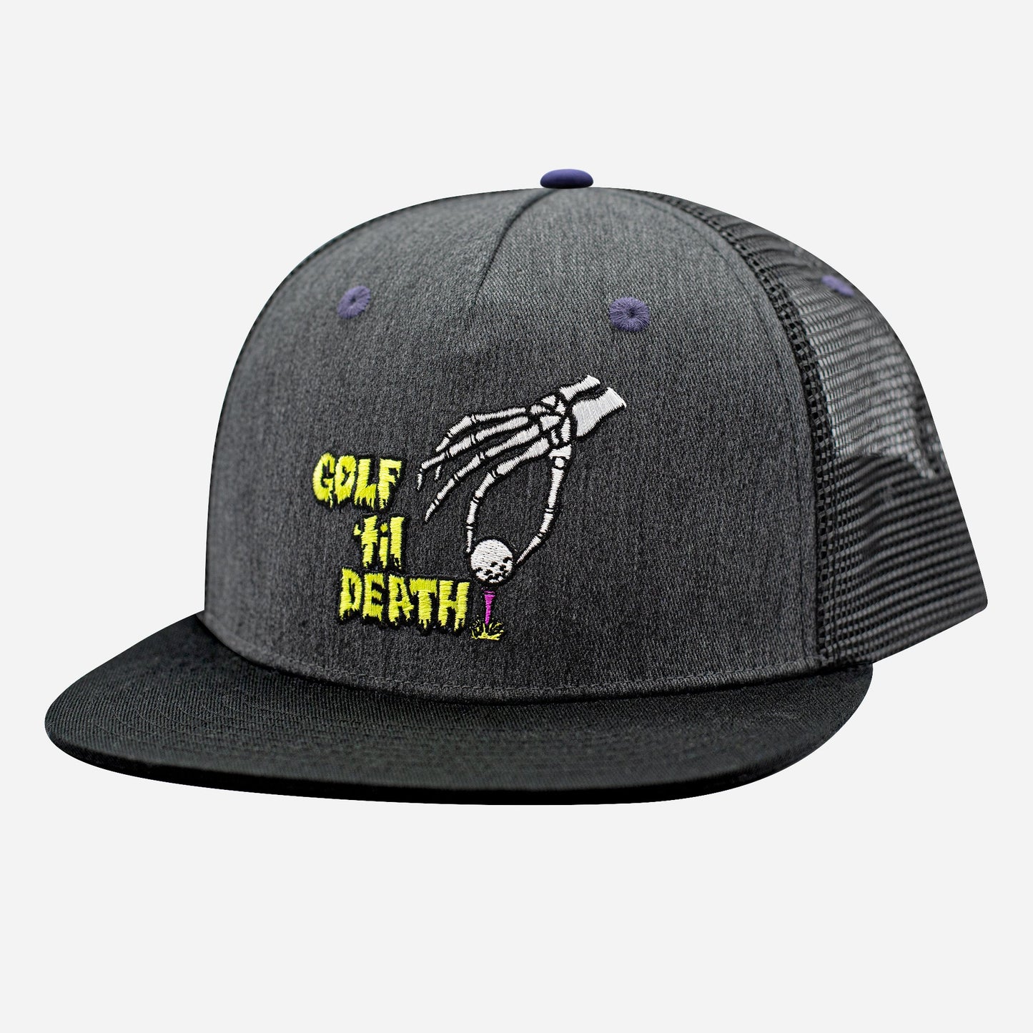 Golf 'Til Death Unisex Trucker Hat Heather Charcoal O/S - Final Sale