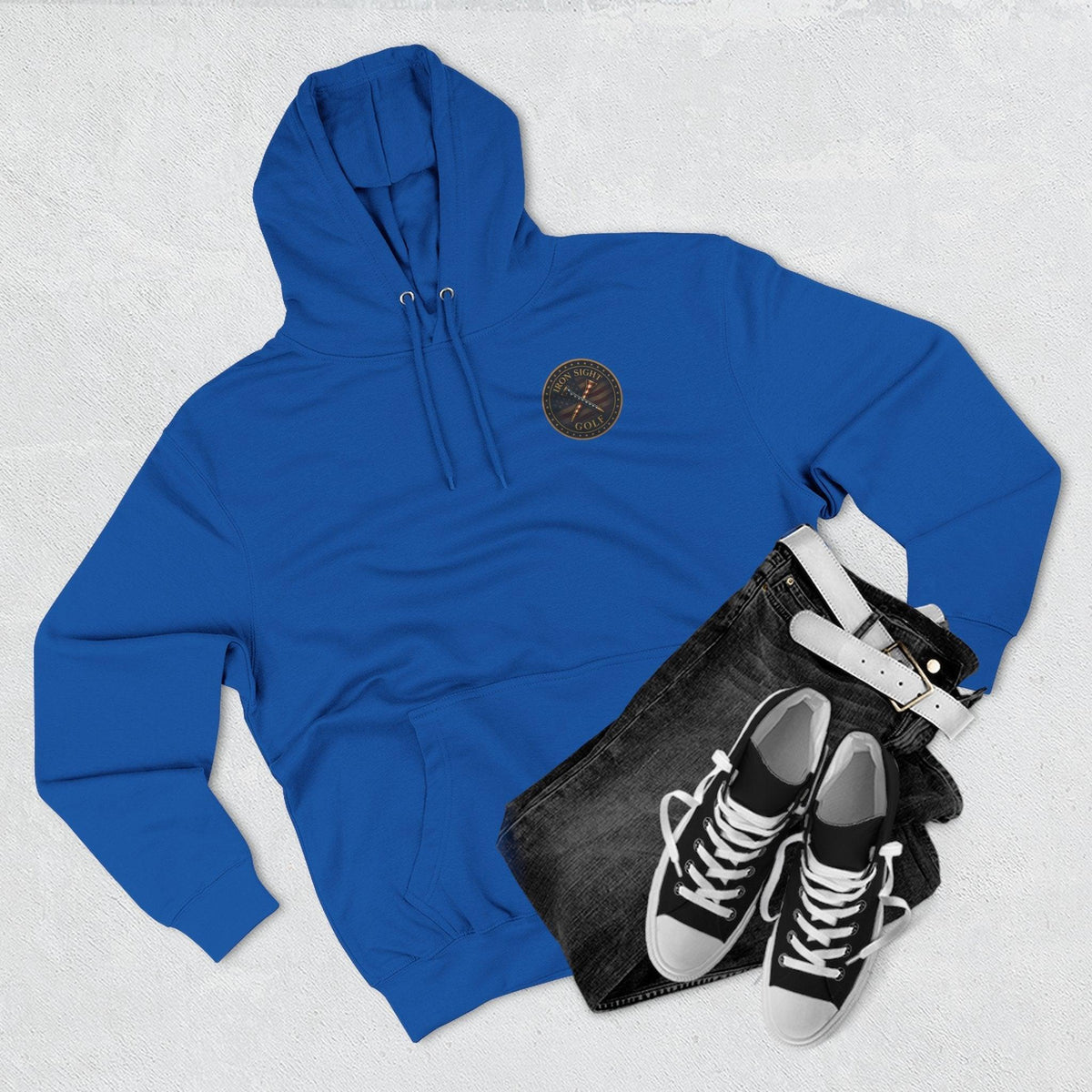 Iron Sight Golf Logo Hoodie — Vintage American Flag Golf Emblem