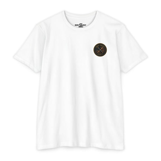 Iron Sight Golf T‑Shirt — American Flag Crossed Clubs Logo