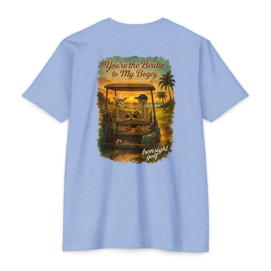 Birdie to My Bogey T-Shirt — Skeleton Couple in Golf Cart Tropical Sunset