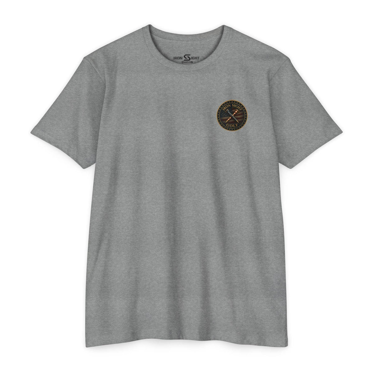 Iron Sight Golf T‑Shirt — American Flag Crossed Clubs Logo