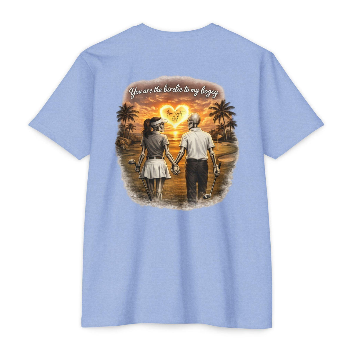 Skeleton Golf Couples T-Shirt — “You’re the Birdie to My Bogey” Sunset Fairway Design