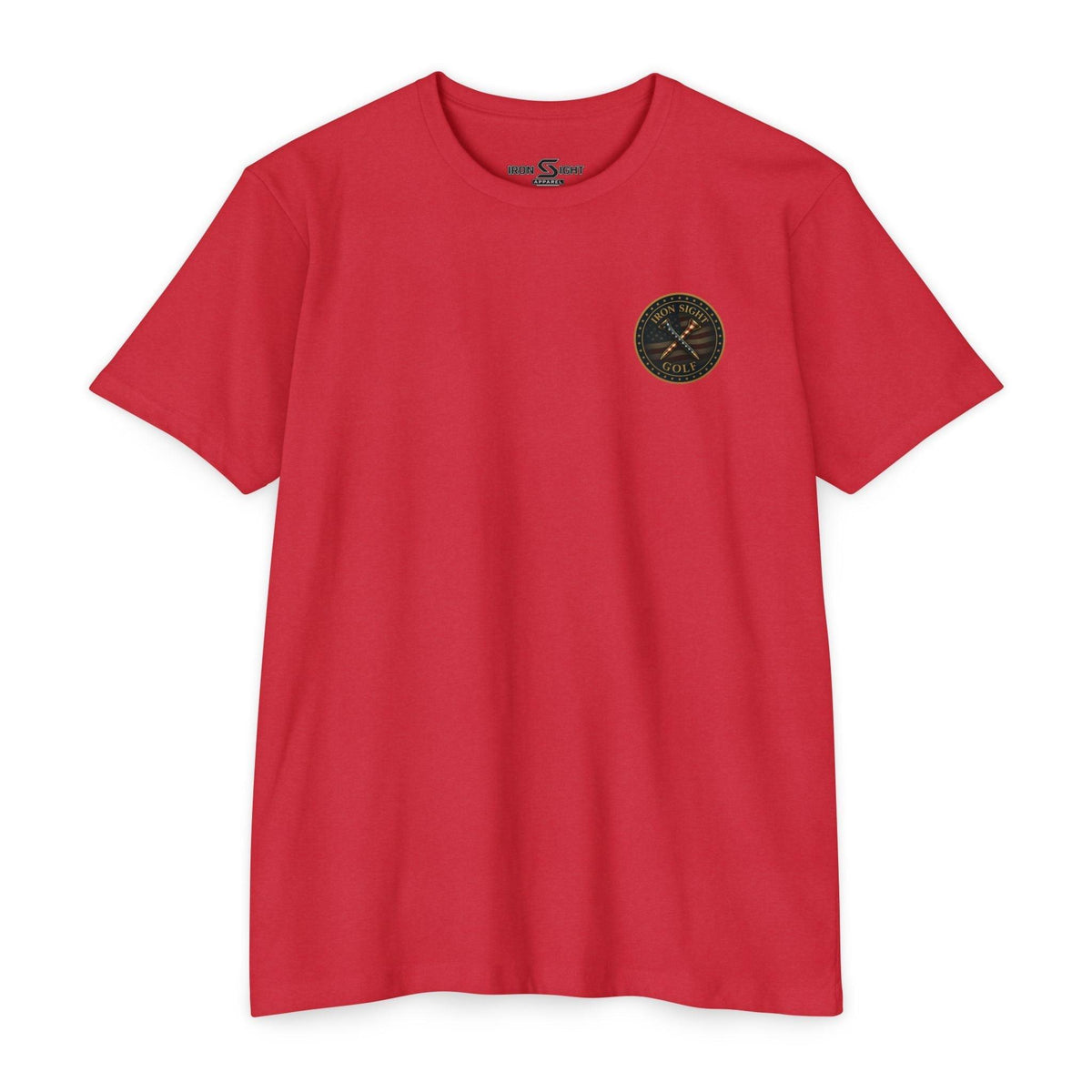 Iron Sight Golf T‑Shirt — American Flag Crossed Clubs Logo