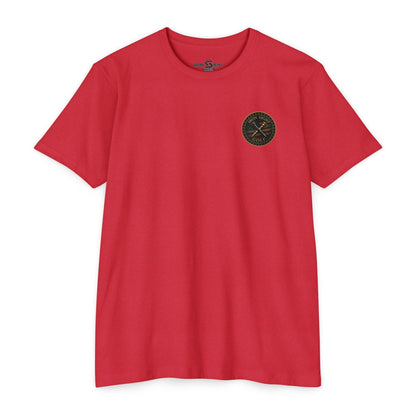 Iron Sight Golf T‑Shirt — American Flag Crossed Clubs Logo