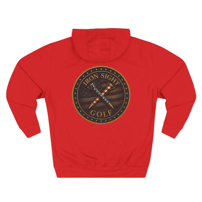 Iron Sight Golf Logo Hoodie — Vintage American Flag Golf Emblem