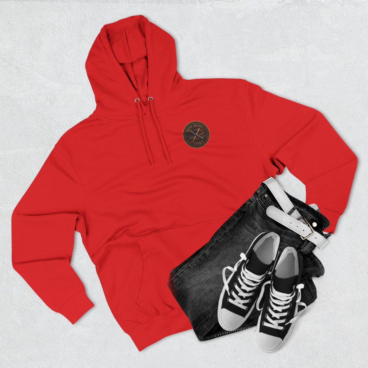 Iron Sight Golf Logo Hoodie — Vintage American Flag Golf Emblem