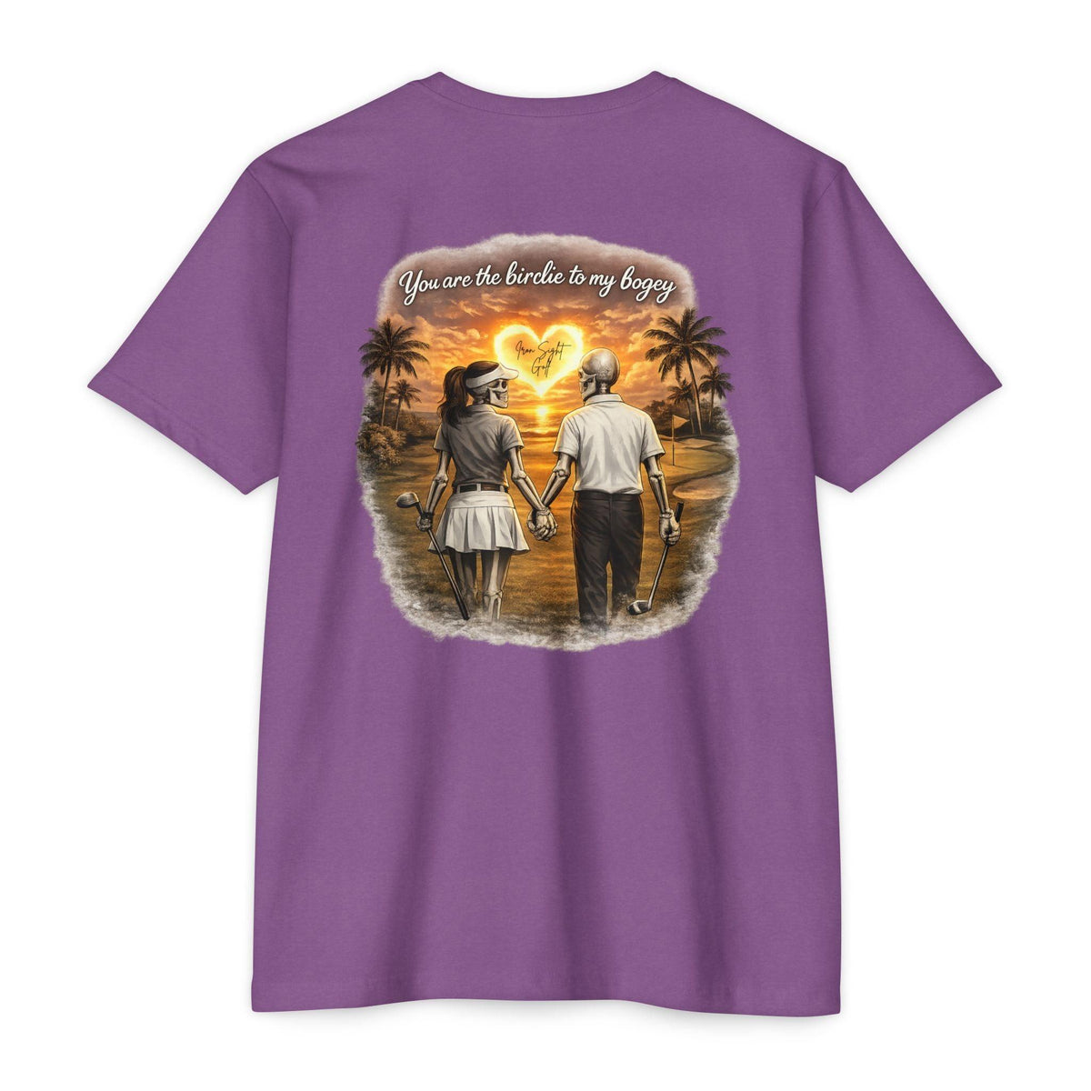 Skeleton Golf Couples T-Shirt — “You’re the Birdie to My Bogey” Sunset Fairway Design