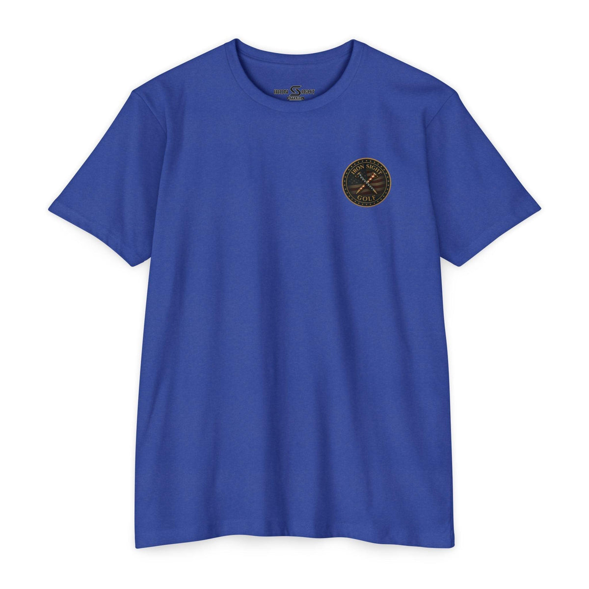 Iron Sight Golf T‑Shirt — American Flag Crossed Clubs Logo
