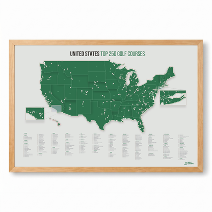 United States Push Pin Map: Top 250 Golf Courses (Green)