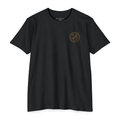 Iron Sight Golf T‑Shirt — American Flag Crossed Clubs Logo