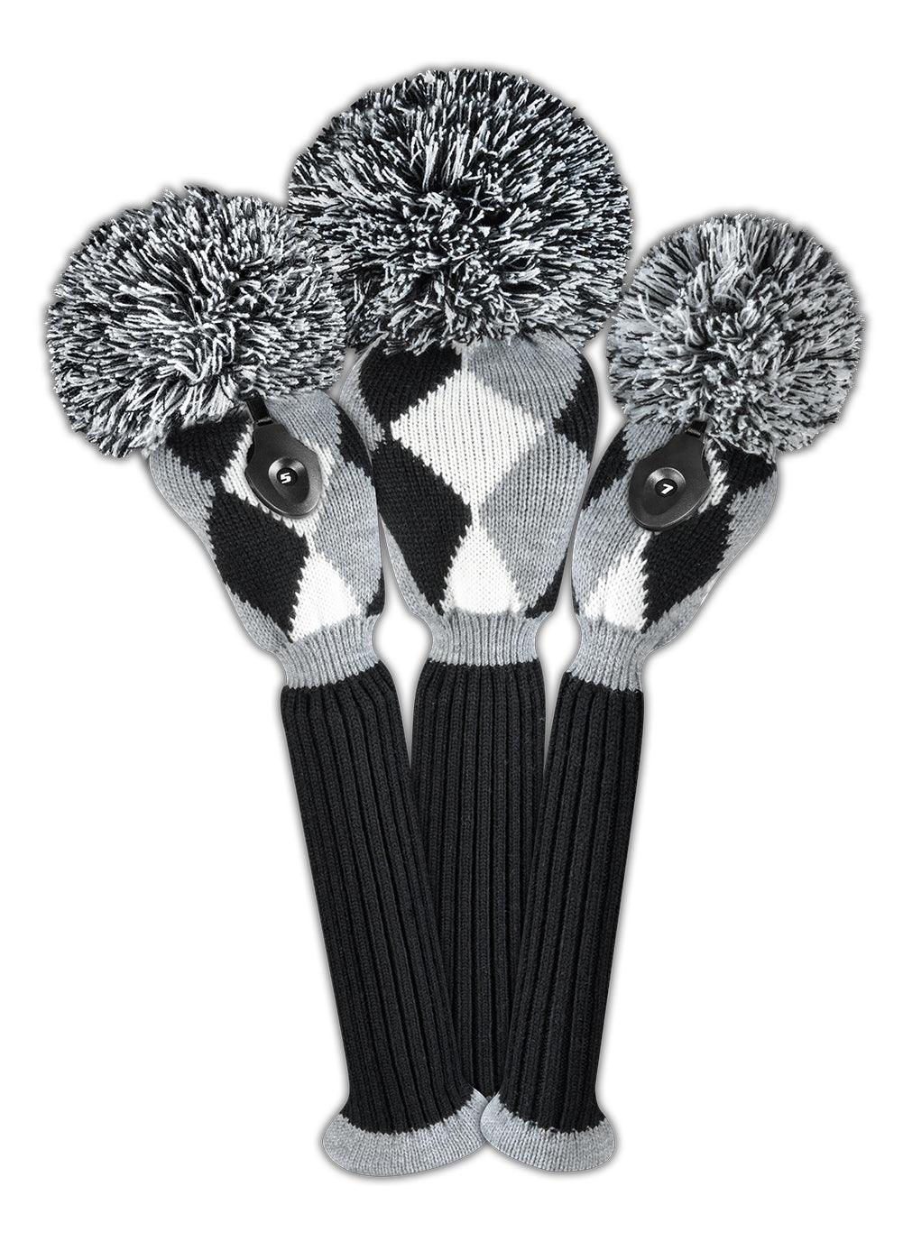 Gray, Black & White Diamond Knit Headcover Set (Driver, Wood, Hybrid) - Just4Golf