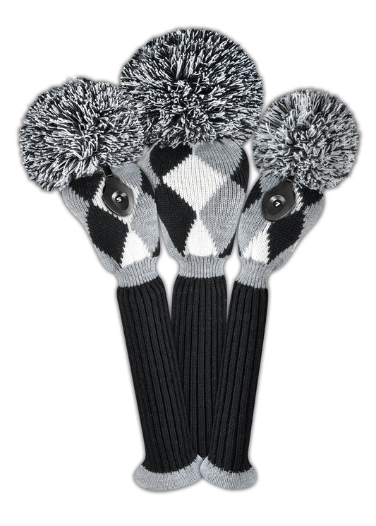 Gray, Black & White Diamond Knit Headcover Set (Driver, Wood, Hybrid) - Just4Golf