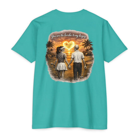 Skeleton Golf Couples T-Shirt — “You’re the Birdie to My Bogey” Sunset Fairway Design
