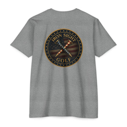 Iron Sight Golf T‑Shirt — American Flag Crossed Clubs Logo