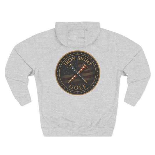 Iron Sight Golf Logo Hoodie — Vintage American Flag Golf Emblem