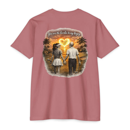 Skeleton Golf Couples T-Shirt — “You’re the Birdie to My Bogey” Sunset Fairway Design