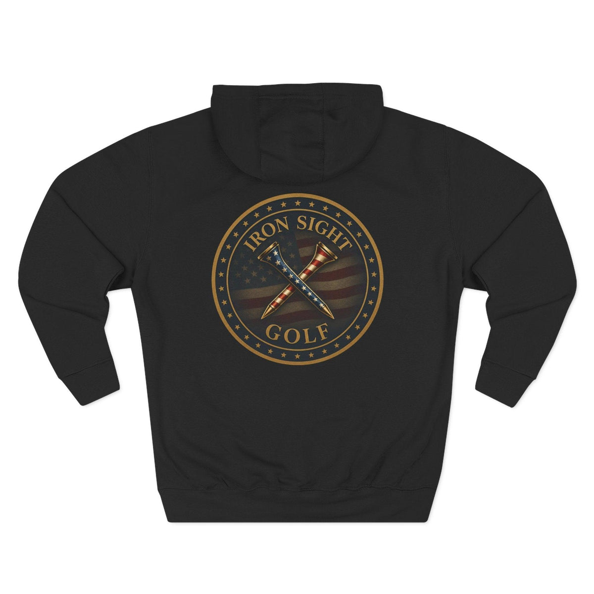 Iron Sight Golf Logo Hoodie — Vintage American Flag Golf Emblem
