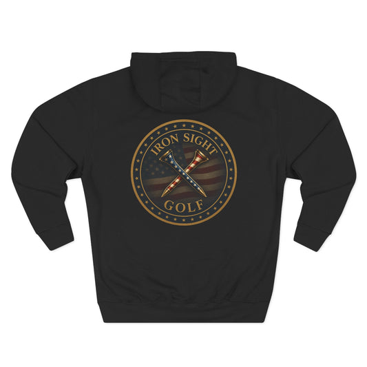 Iron Sight Golf Logo Hoodie — Vintage American Flag Golf Emblem