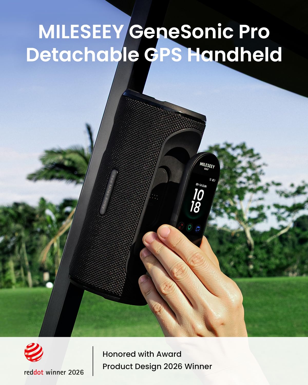 MILESEEY GeneSonic Pro Golf Speaker with Detachable GPS Rangefinder Handheld, 43000+ No Subscription Preloaded Courses, View & Audible Distances,Touchscreen, 15H Battery, Magnetic, Waterproof,Hazard