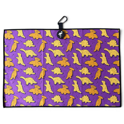 Purple Dino Chicken Nugget Golf Towel | 24” x 16” Microfiber Towel | Magnetic Clip & Carabiner | Premium Golf Accessory
