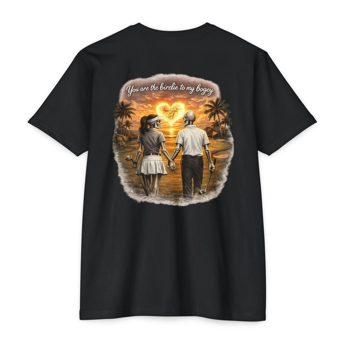 Skeleton Golf Couples T-Shirt — “You’re the Birdie to My Bogey” Sunset Fairway Design