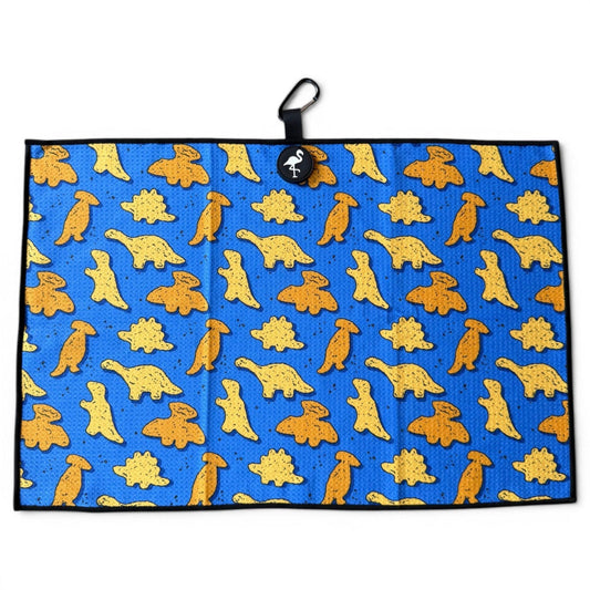 Blue Dino Chicken Nugget Golf Towel | 24” x 16” Microfiber Towel | Magnetic Clip & Carabiner | Premium Golf Accessory