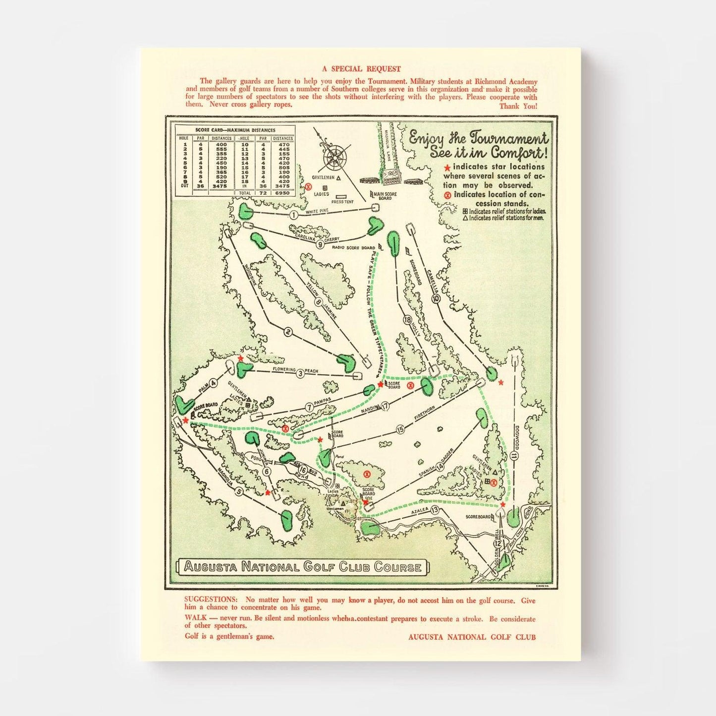 Vintage Map of Augusta National Golf Course, 1954