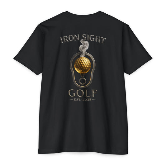 Iron Sight Golf T‑Shirt — Vintage Golf Ball & Iron Sight Logo
