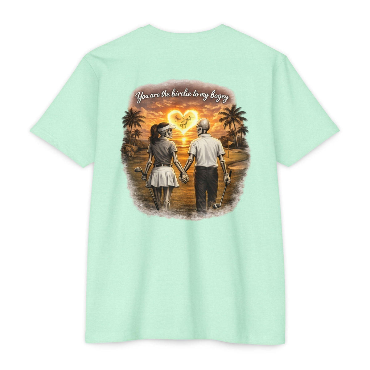 Skeleton Golf Couples T-Shirt — “You’re the Birdie to My Bogey” Sunset Fairway Design