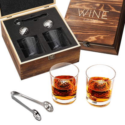 Luxurious Bar Gift Set - Golf Whiskey Glasses - Golf Ball Chillers - Tongs - Set in Premium Wood Box by The Wine Savant - Unique Whiskey Glass Set - Golf Gifts, Golfer Gifts, Gifts for Golf Lovers